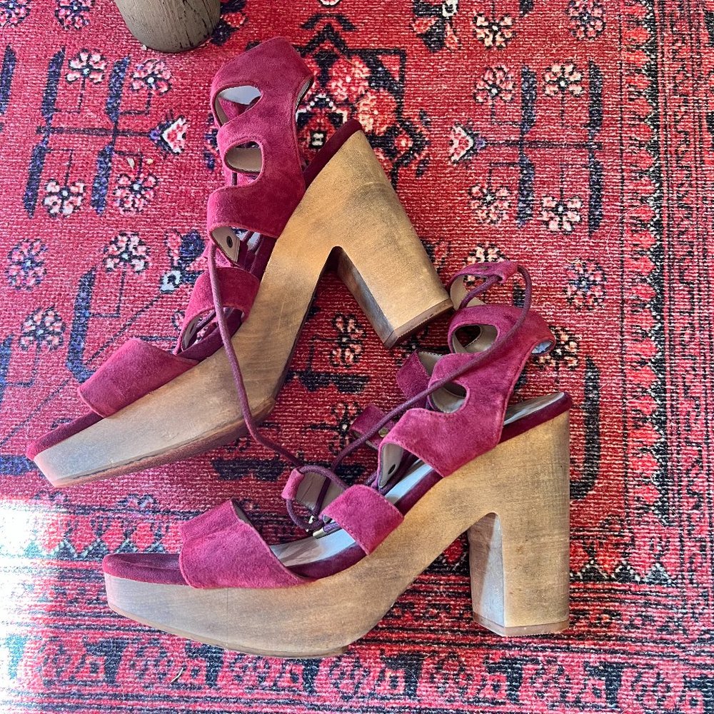 Hinge Burgundy Strap up Chunky Heels